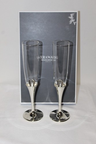 Vera Wang Wegwood Infinity Toasting Flute Pair Silver Plated Glasses. Set of 2 - Picture 8 of 10