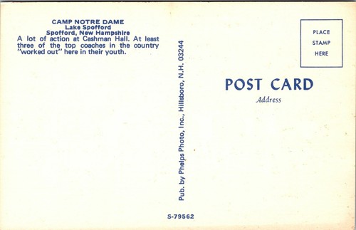 Cashman Hall Camp Notre Dame Lake Spotford N.H. Postcard Boys Basketball Gym - Picture 2 of 2