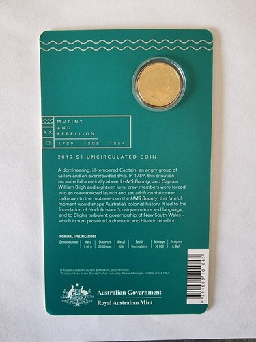 Australia 2019 One Dollar 1789 Munity On The Bounty UNC - Picture 2 of 2