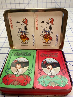 SNOOPY? / Coca Cola Vintage Playing Cards Tin Victorian Lady 2 Decks Green Red