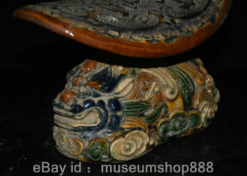 7.6" Old Chinese Tang Sancai Porcelain Lion Beast Flower Pattern Statue Pillow - Picture 6 of 14