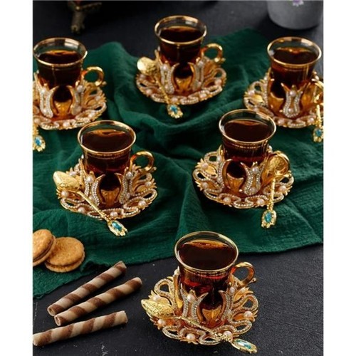 Turkish Coffee Tee Mug Cup Glass Set w Saucers Holders Spoons Crystal Pearls 6PK - Picture 4 of 8