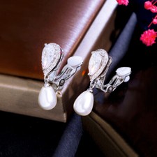 Silver Plated No Hole Designer CZ Drop Pearl Non Pierced Ear Clips On Earrings