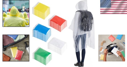 Individually Wrapped Colorful Adult Rain Ponchos - 50 Bulk Pack for Emergencies - Picture 2 of 11