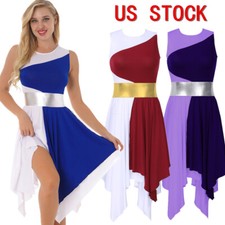 Women Lyrical Dance Dress Colorblock Asymmetrical Hem Ballet Tutus Dancewear