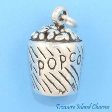 Heavy Popcorn Tub Movies 3D 925 Sterling Silver Charm MADE IN USA