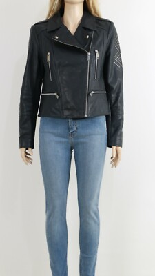 100% REAL LEATHER River Island Black Stud Style Midi Biker Jacket