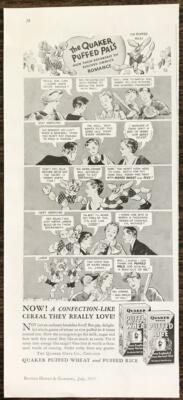 1935 Quaker Puffed Wheat Rice Cereals PRINT AD The Quaker Puffed Pals Comic