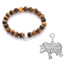 Tiger's Eye Gemstone Bracelet with Elephant Charm Created with Zircondia® Crysta