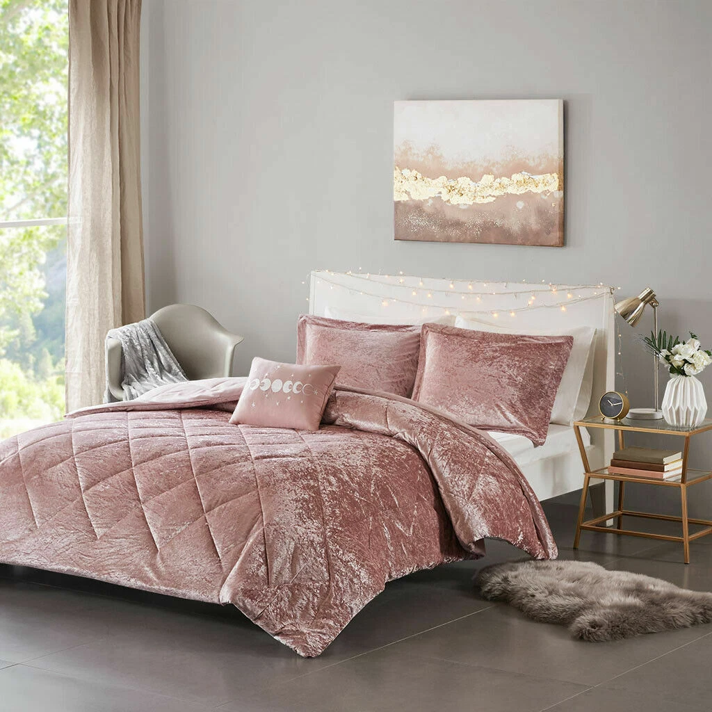 NEW! ~ COZY CHIC ULTRA SOFT PLUSH LUXURY GREY CHIC VELVET PINK COMFORTER SET