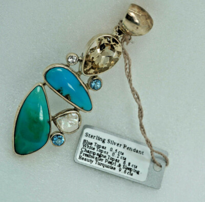 Starborn Creations Silver Turquoise, Freshwater Pearl & Champagne Topaz Pendant