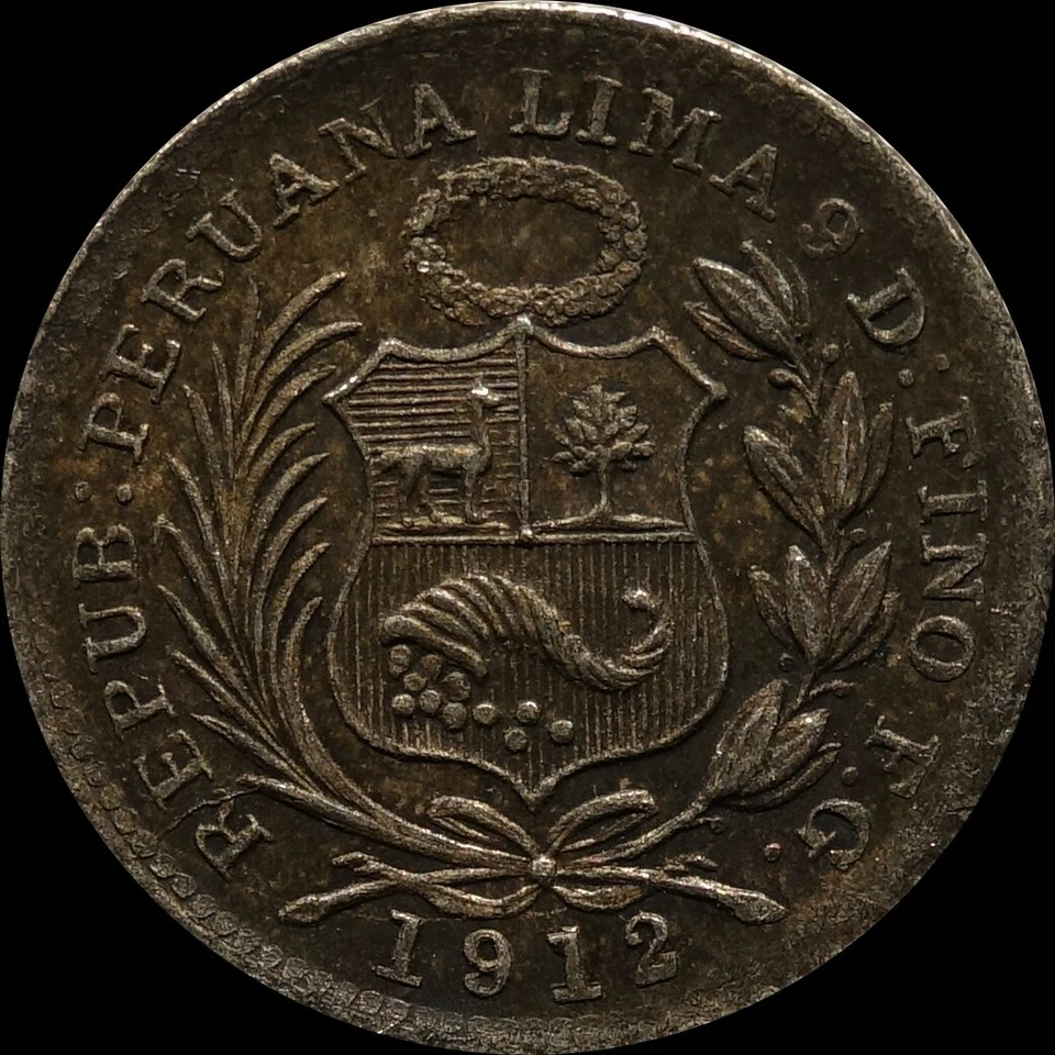 Peru 1912 1/2 dinero antique small silver world coin with liberty llama toned - Image 4 of 4