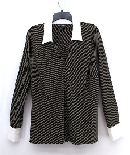 Bay Studio Damenhemd Größe 1X schwarz Nadelstreifen Kragen Knopfleiste Bluse Top