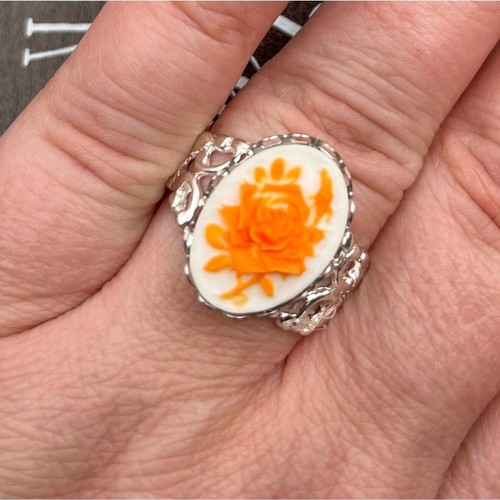 Ring Neon Orange Rose Floral Oval Kamee Silber Edelstahl Offener Rücken - Bild 6 von 13