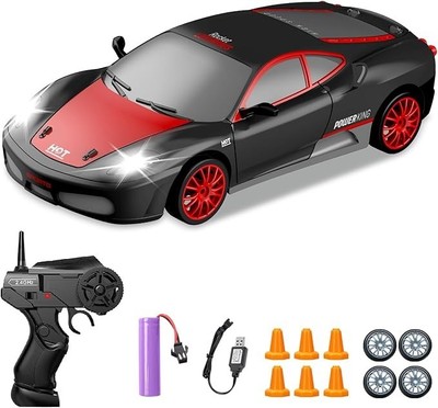 Black 1:24 RC Drift Car, 4WD High-Speed with LED Light & Drift Tires