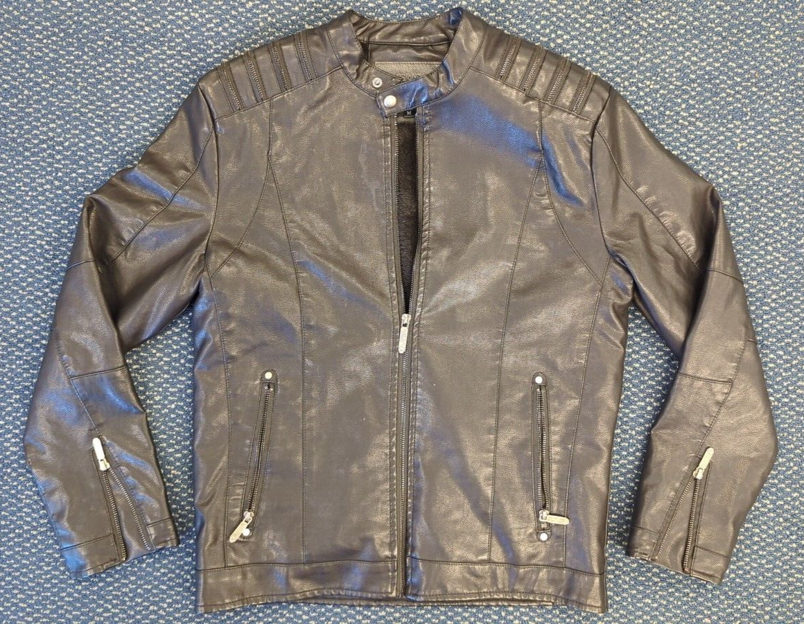 American Breed Men's Black Faux Leather Biker Jacket Size M Zip Up