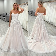 Blush Pink Wedding Dresses Lace Appliques A Line Sweep Train Bridal Gowns