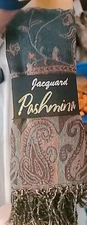 New Jacquard Pashmina with Fringe - Geometric & Paisley - Teal/Oranges/Browns