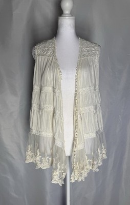 Vintage Greenfield Boho Crochet Lace Sleeveless Vest Duster Ivory Romantic
