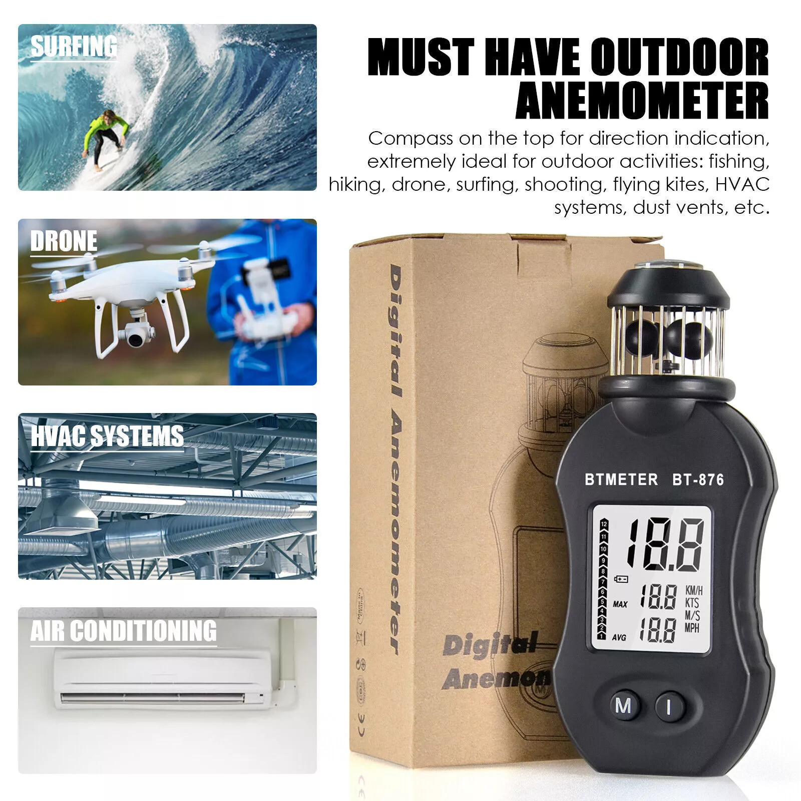 BTMETER anemómetro medidor de viento y brújula velocidad del viento/refrigeración del viento 150 km/h