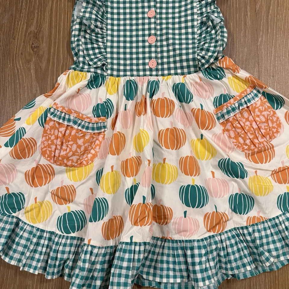 Eleanor Rose Girls Pumpkin Dress Size 8 Fall Gingham Ruffle Pockets Boutique - Image 3 of 4
