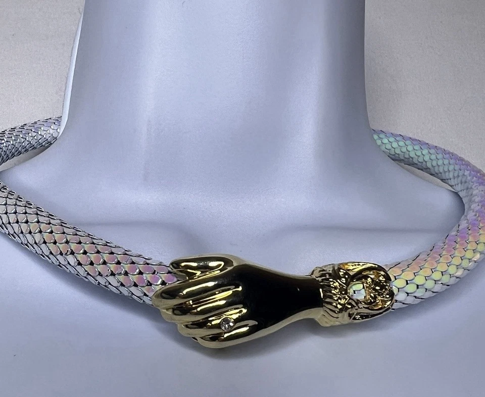 Vintage DL Auld Iridescent White Dragonscale Choker Mesh Snake Collar Necklace - Image 4 of 4