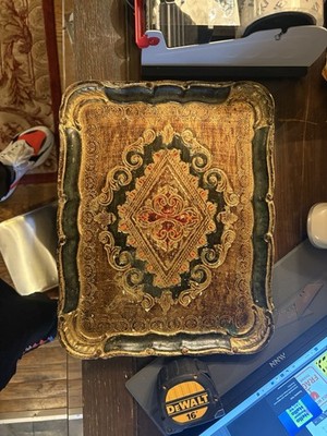 Vintage Italian Florentine Wood Serving Tray Gilt Gold Green Orange 14.5  MCM 