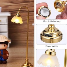 Miniature Golden Shade Battery Powered LED Lamp for Dollhouses Decoration 1/12