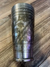 Antique Brass Drinking Cup Glass Original Old Hand Crafted Engraved