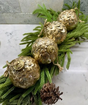 POTTERY BARN Gold Dusted Silver Mercury Glass Scalloped Kugel Ball Christmas Ornament 4”