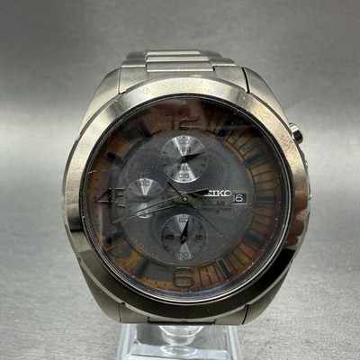 Seiko Solar Chronograph Watch Men 46mm Black Dial Black Tone Date V176-0AA0 PART
