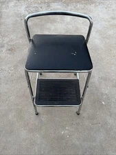 Vintage Rare! Cosco Chrome Metal Folding Kitchen Step Stool Chair  Black