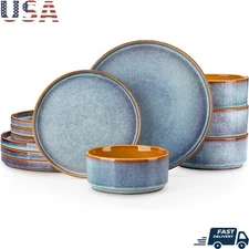 Ceramic Plate & Bowl Set 4 Unique Dual-Tone Dinnerware Dishwasher Safe New