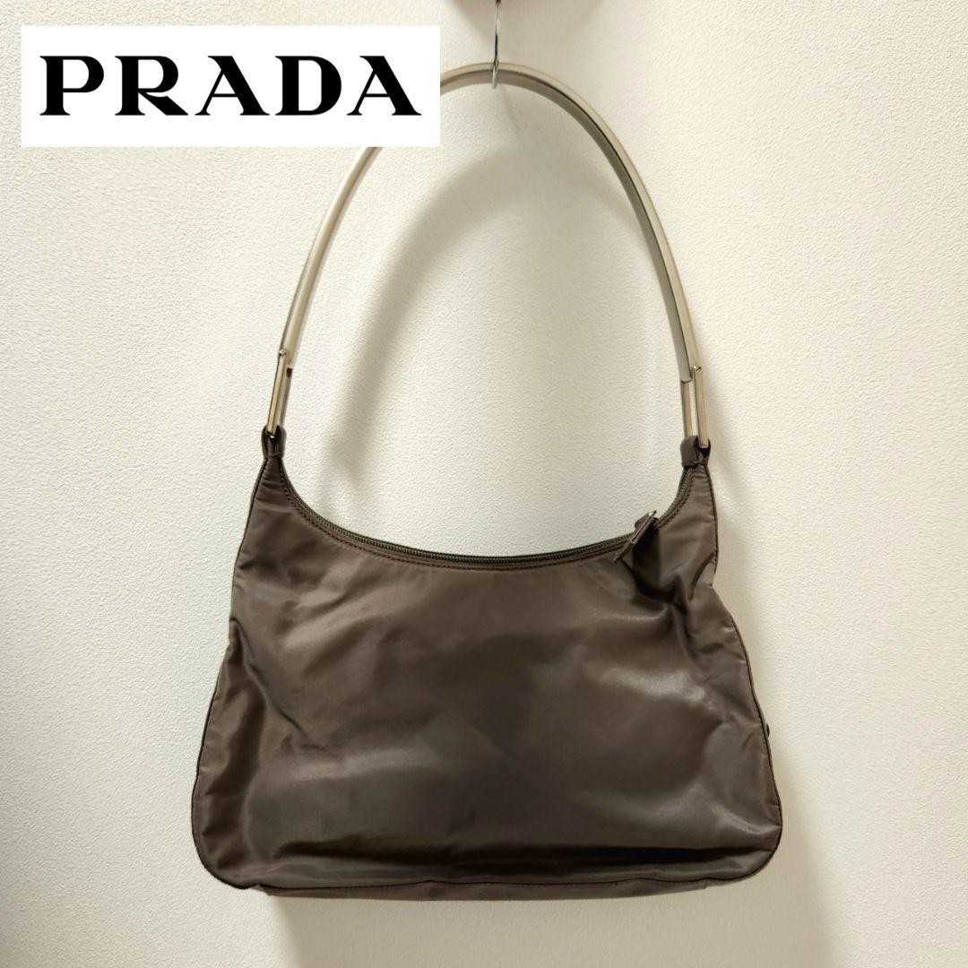 PRADA Nylon One Shoulder Bag in Khaki with Silver Accents