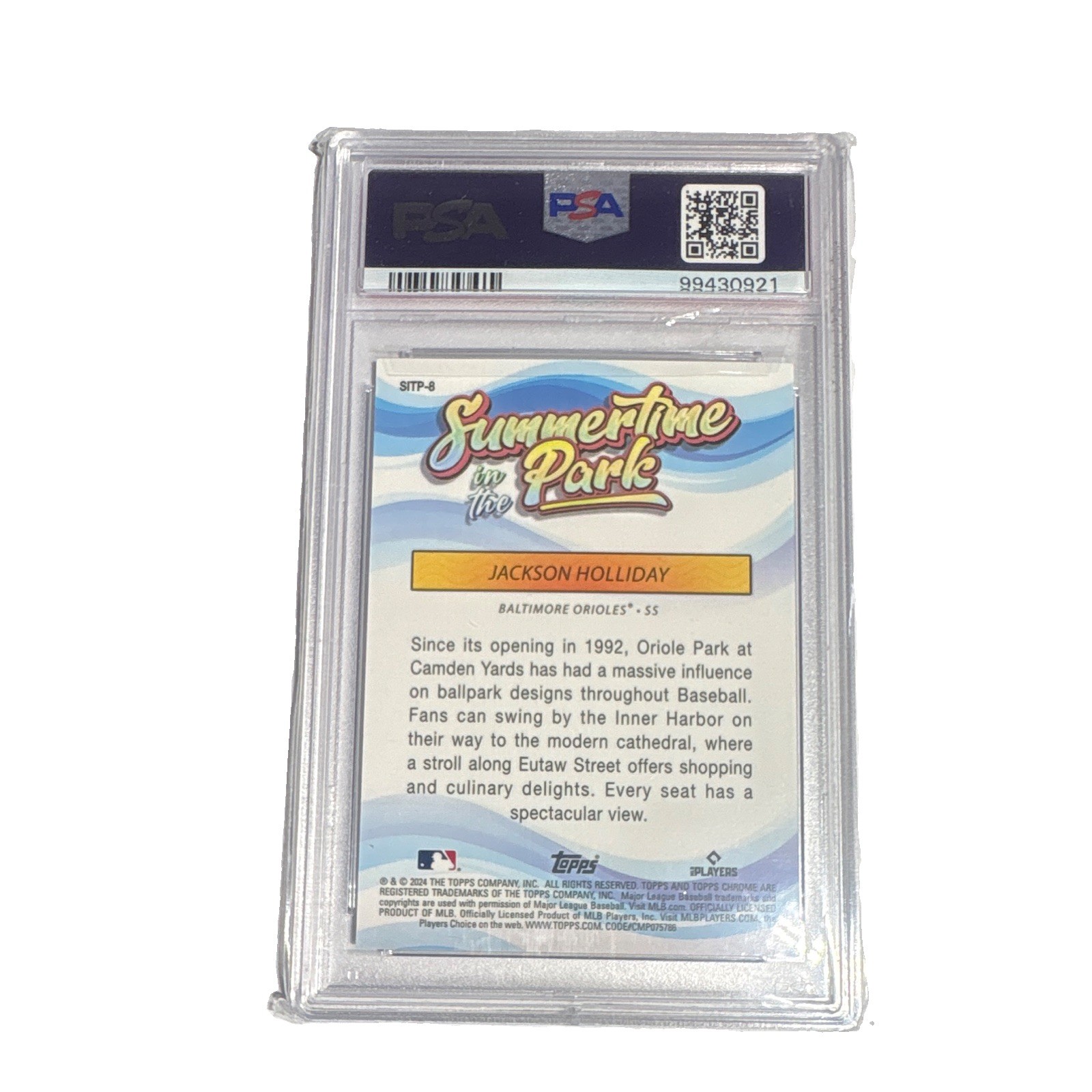 Topps 2024 Chrome Jackson Holliday Summertime in the Park SITP-8 RC PSA 9 view 2