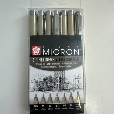 Sakura Pigma Micron Fineliners schwarz: 6er Set (+ 1 Brush Pen)