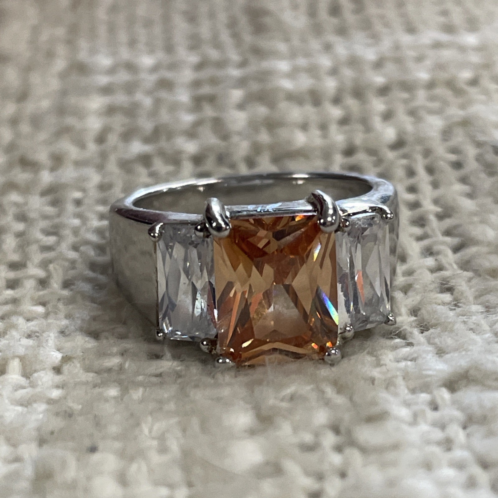 Silver Toned Rectangular Clear Gem Flanked Orange… - image 2