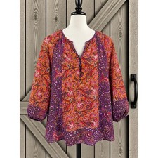 ChapsPeasant Blouse M Purple Orange Patchwork Paisley Boho Split Neck 3/4 Sleeve