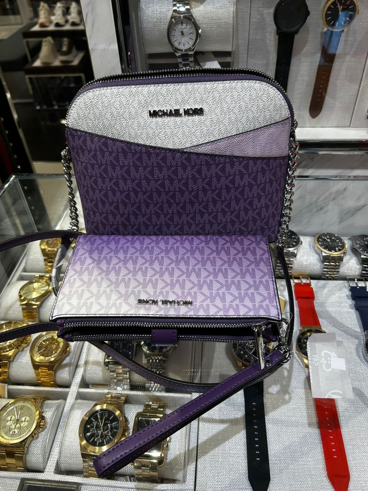 Michael Kors Jet Set Women Dome Crossbody Bag +Double Zip Wallet Set Dark Purple