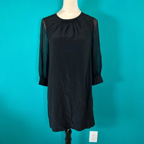 Abito Kate Spade nero in seta plissettato girocollo manica trasparente mini taglia 0