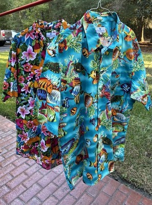 2 English Sports Shop Bermuda All Over Print Fish Floral Hawaiian Shirt Mens XXL
