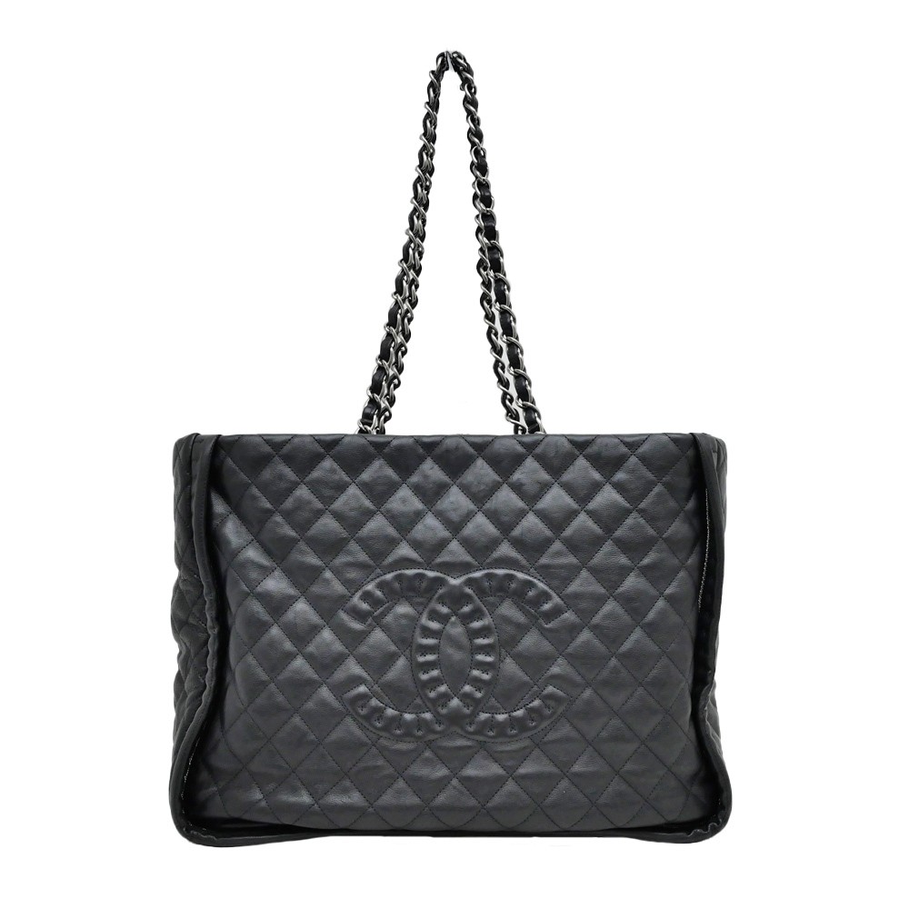 CHANEL Black Leather Chain Tote Bag with SV Metal for Women & Men