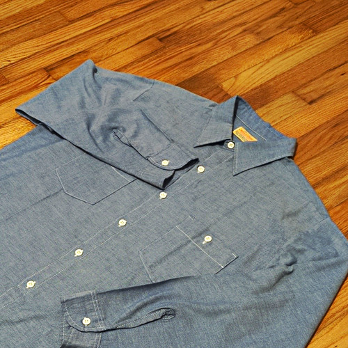 VTG 70s Big Yank Men’s L Blue Chambray LS Button-Up Point Collar Shirt Pockets