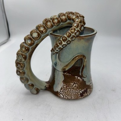 OCTOPUS TENTACLE Hand Made Pottery Mug Art PC Nautical Ocean Glazed Blue Brown