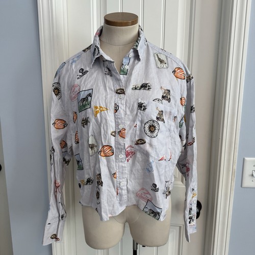 BANANA REPUBLIC Women’s Medium Crop Button Down Linen Blend Boxy Top Novelty - Picture 2 of 8