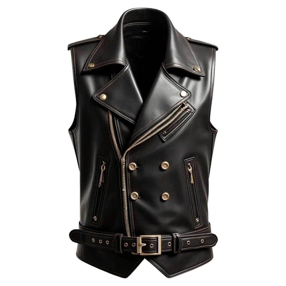 New Men’s Double-Breasted Leather Biker Vest – Slim Fit Tactical Moto Waistcoat image 2