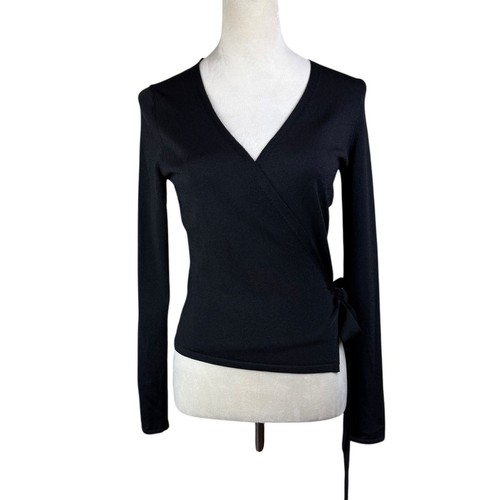 Diane Von Furstenberg S Azila Black Soft Knit Long Sleeve Ballerina Wrap Top