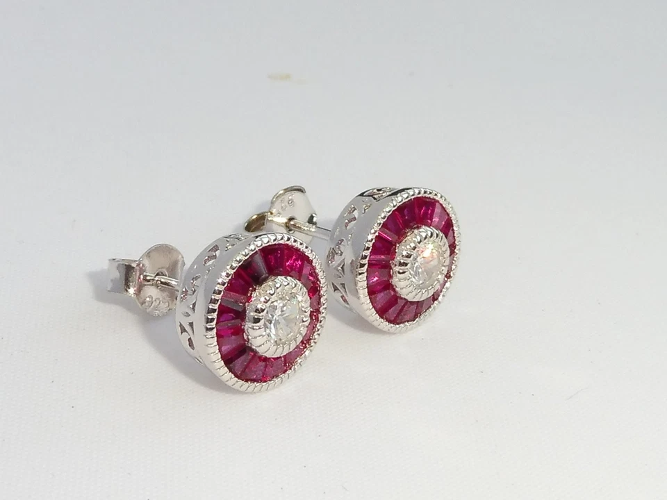 Signore Halo Design argento 925 con rubino e zaffiro orecchini - Immagine 3 di 4