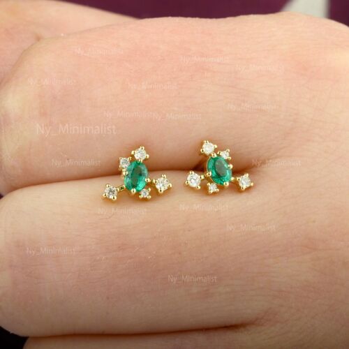 Stud Earrings Zambia Emerald SI Clarity G-H Color Diamond Solid 18K Yellow Gold - Picture 4 of 18