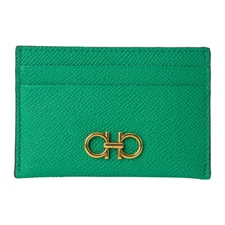Salvatore Ferragamo Gancini Card Case Green Leather Logo Engraved Gold Hardware
